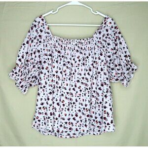 Melloday Purple Square Neck Blouse Floral Print Flutter Sleeves Womens Sz Large